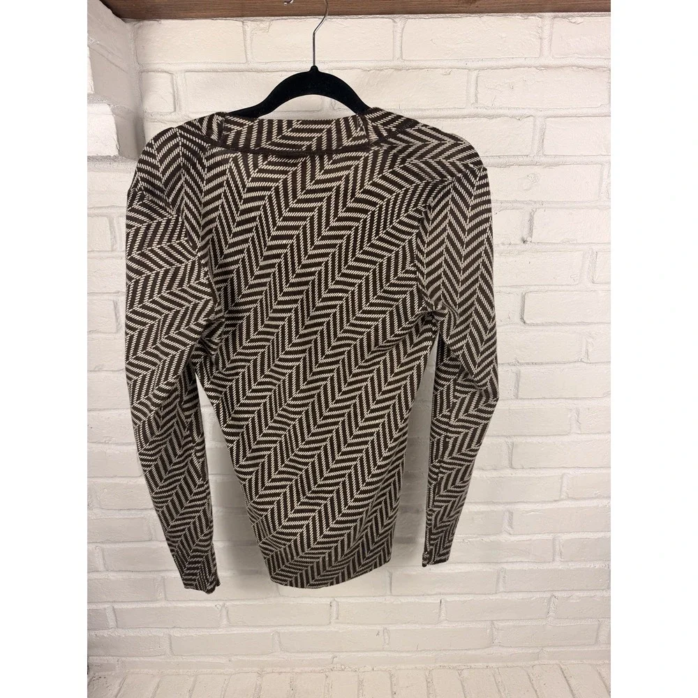 Tory Burch Chevron Knit Cardigan Sweater Brown Ivory Zip Logo Size Small